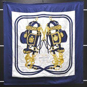 Authentic HERMES Carre 90 Scarf "BRIDES de GALA" Silk Navy Blue White